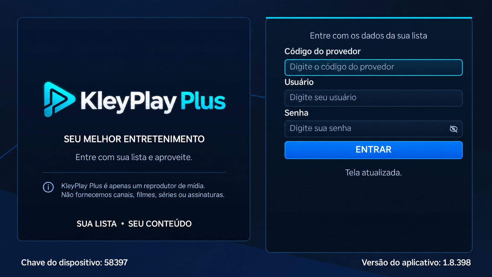 Tela de login do KleyPlay Plus com os campos Código do provedor, Usuário e Senha e o botão Entrar